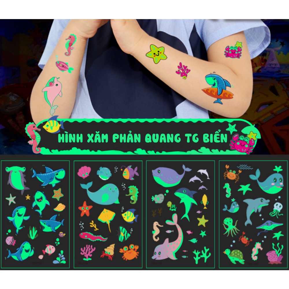 Hình xăm tatoo nhiều chủ đề PHẢN QUANG sticker dán chống thấm nước cho bé trai bé gái sáng tạo vui chơi an toàn