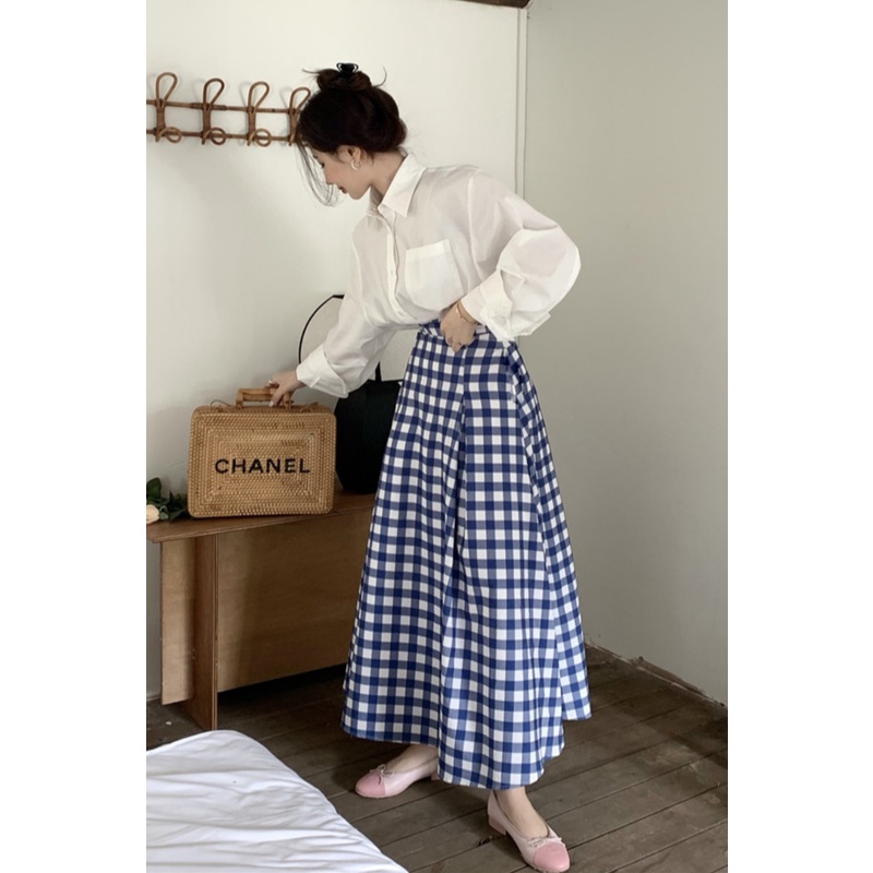 kumivn chân váy kẻ caro dáng dài xòe màu xanh dương