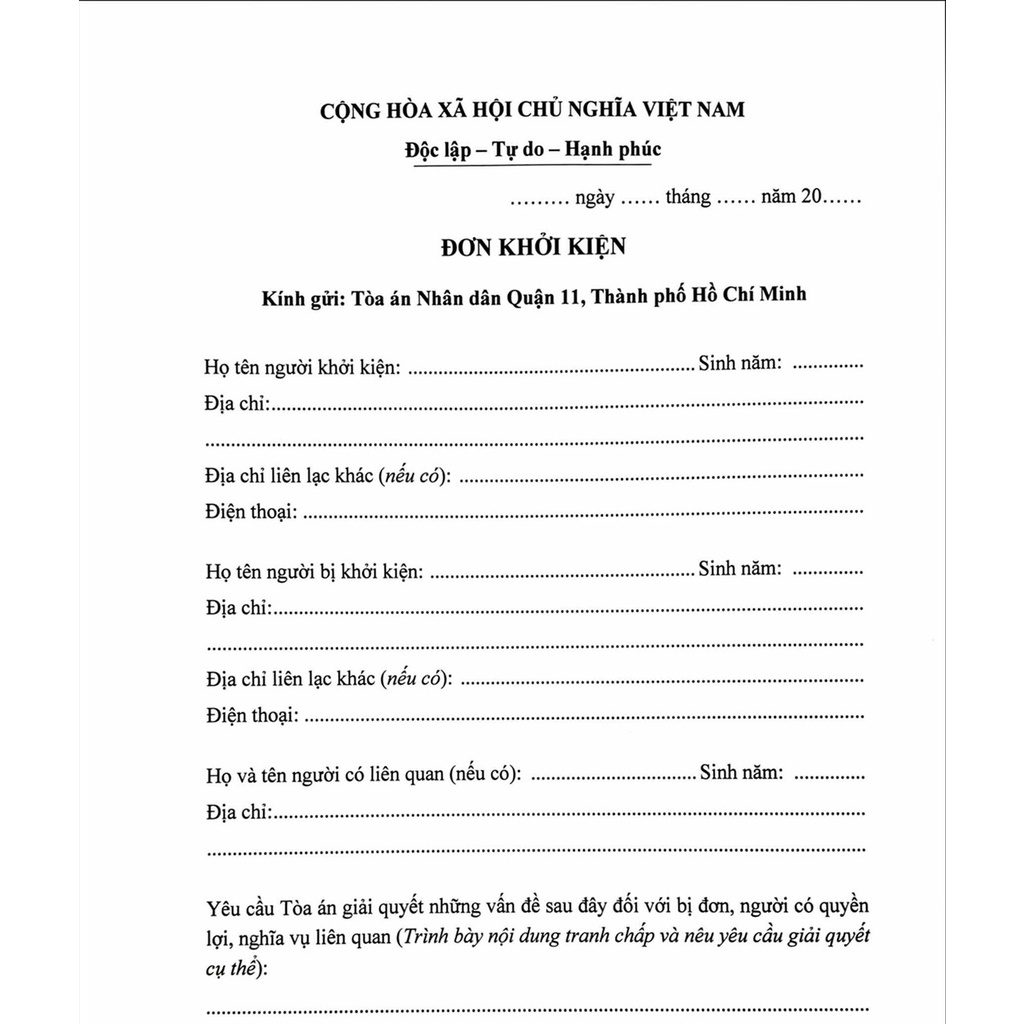 Mẫu đơn ly hôn Quận 11, Thành phố Hồ Chí Minh