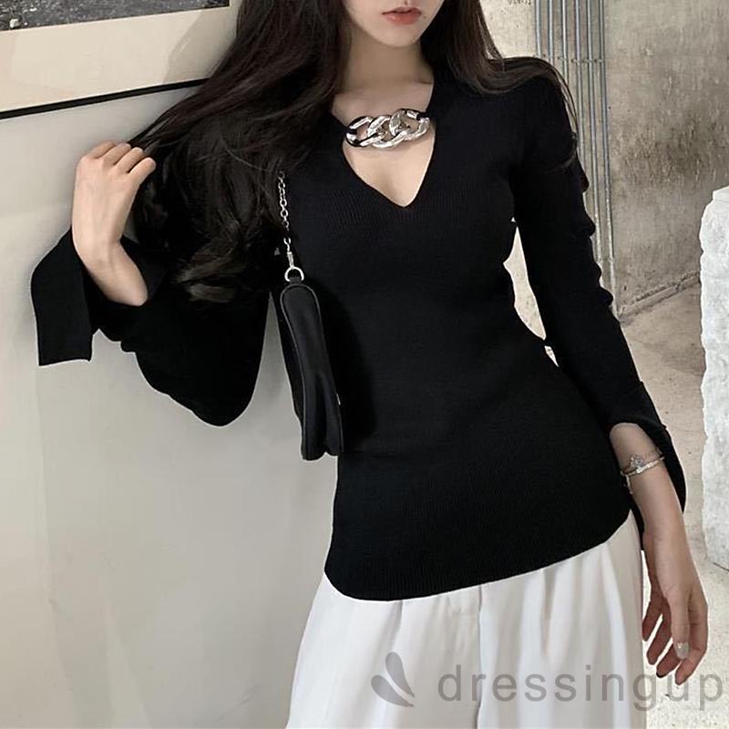 Áo len tay loe cổ chữ V dáng ôm thời trang quyến rũ cho nữ