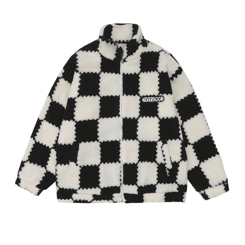 Áo khoác lông cừu hoạ tiết caro dáng oversize unisex hàng taobao