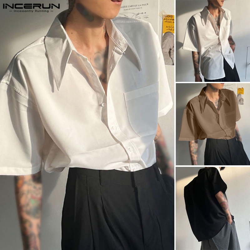 Áo sơ mi nam Incerun tay ngắn có cổ cài nút màu trơn trang trọng