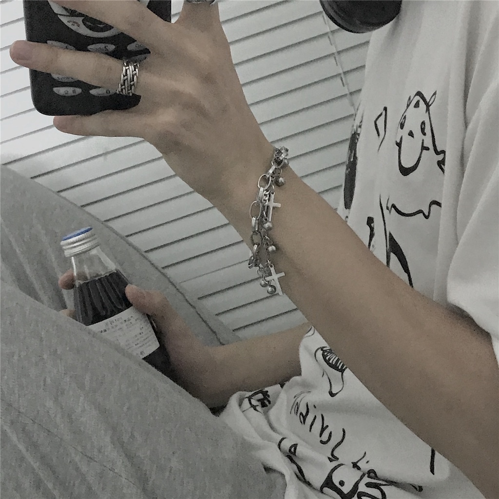 Vòng tay hai lớp bằng thép titan phối mặt hình thánh giá phong cách hip hop