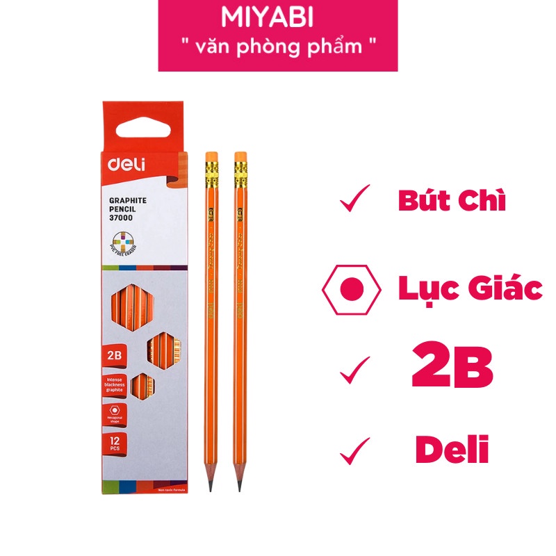 Bút chì gỗ 2b deli lục giác- có tẩy E37000 - Bút chì lục giác cao cấp văn phòng phẩm - MIYABI STORE