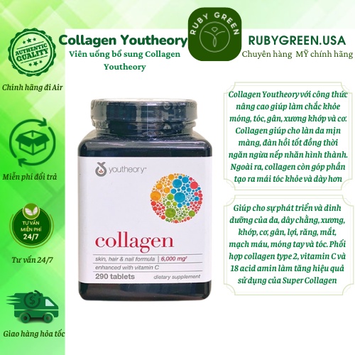Viên Uống Bổ Sung Collagen Youtheory +BIOTIN Chính Hãng Mỹ 290 Viên Type 1,2&3 390 viên