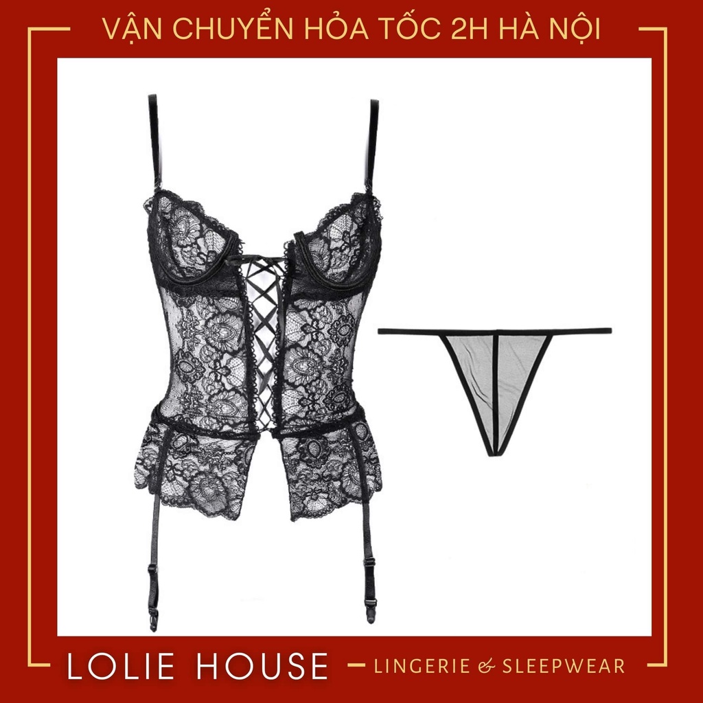 Nội y sexy gợi cảm dáng corset ren có kèm kẹp tất vớ và quần lọt khe dây LOLIE HOUSE - SS18