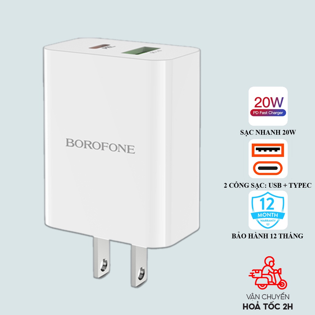 Củ sạc 20W Borofone BA56 có 2 cổng sạc USB và Type-C hỗ trợ công nghệ PD