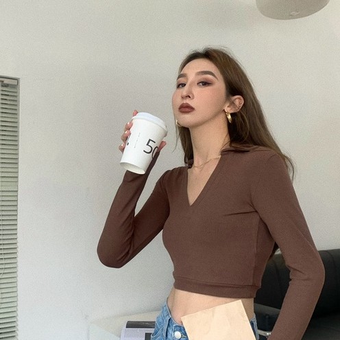 QADCOL Áo Thun Cổ Chữ V Khoét Sâu Dáng Ôm Dễ Phối Đồ