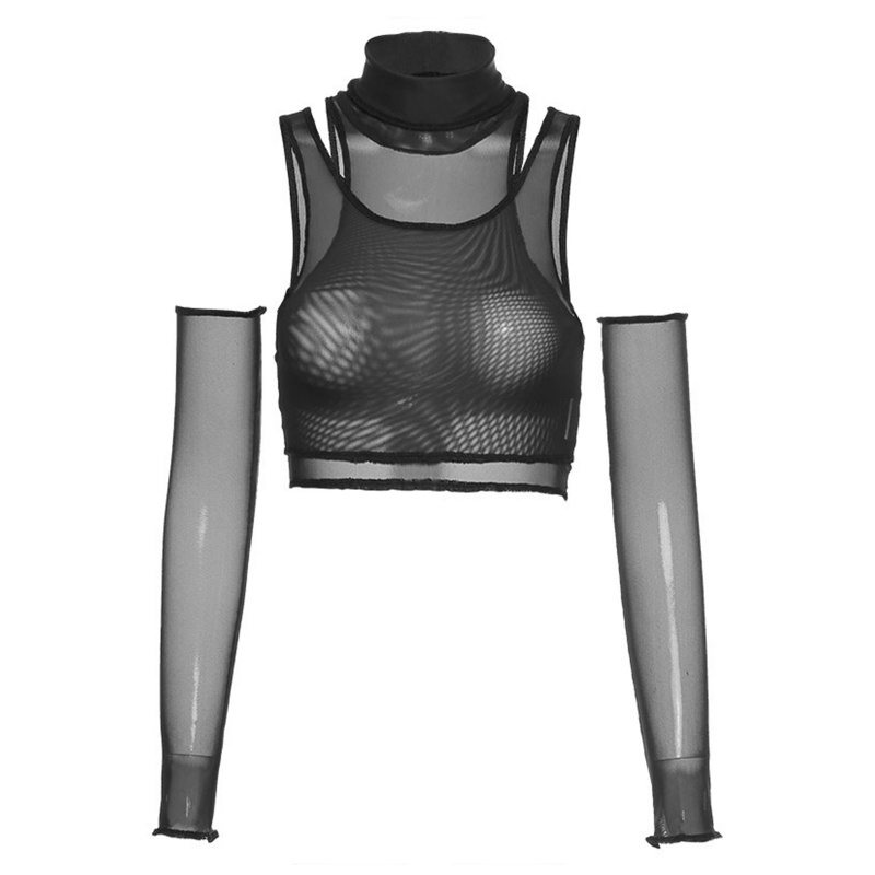 Brroa Áo Lưới Crop Top Hai Dây Xuyên Thấu Gợi Cảm Cho Nữ