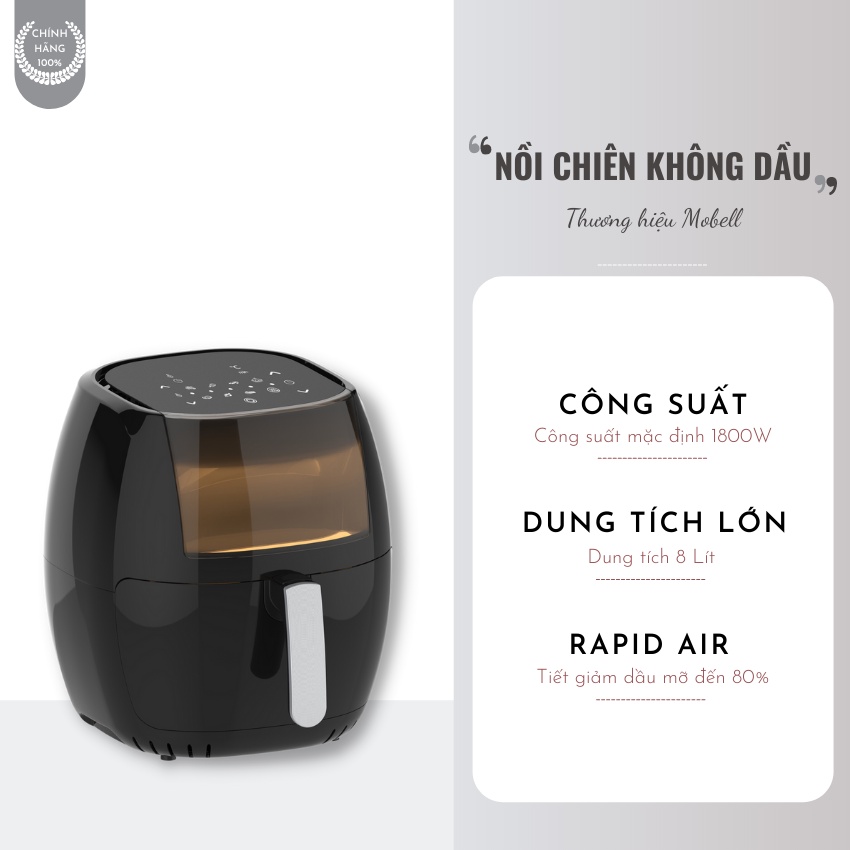 Nồi Chiên Không Dầu Điện Tử Mobell 8L Công Suất 1800W Điều Khiển Cảm Ứng, Tích Hợp Đa Chức Năng, Hàng Chính Hãng