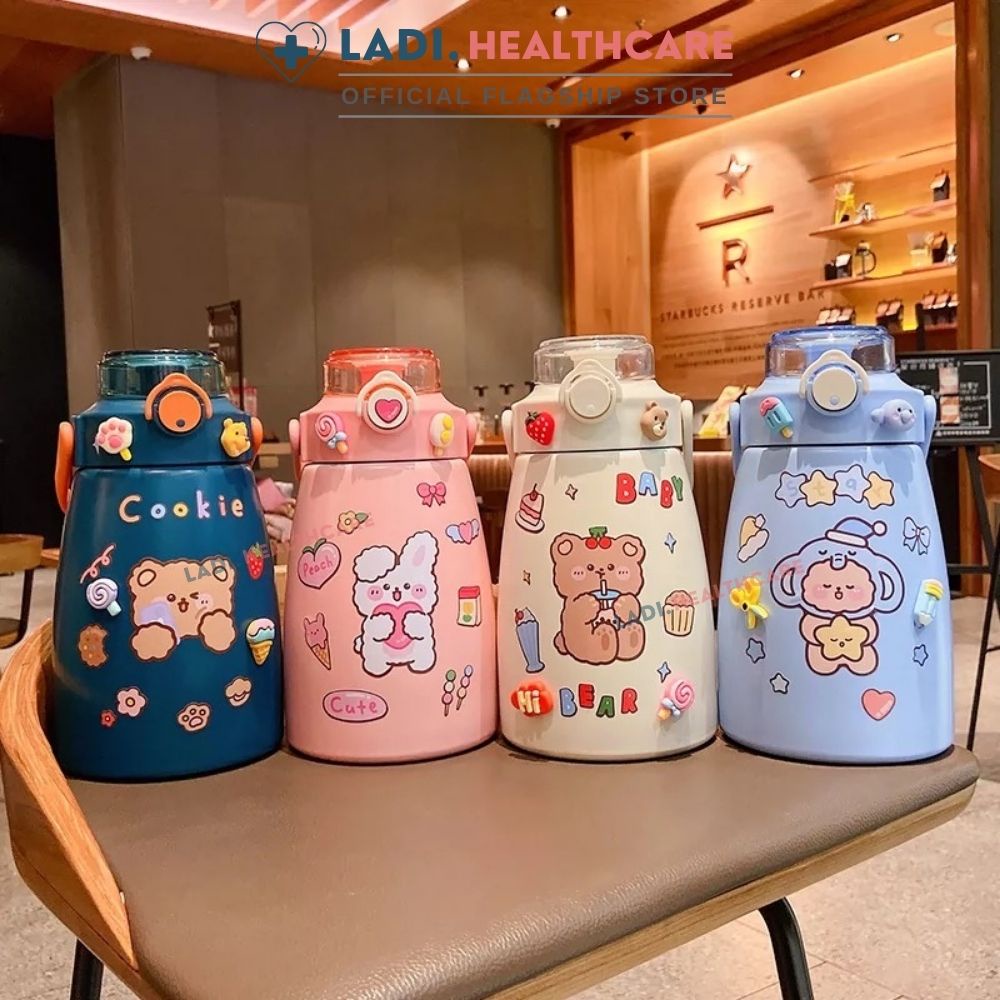 Bình giữ nhiệt 1000ml LADI tặng Sticker, inox 304 giữ nhiệt 12h, bình nước giữ nhiệt 1 lít cho bé có ống hút cute