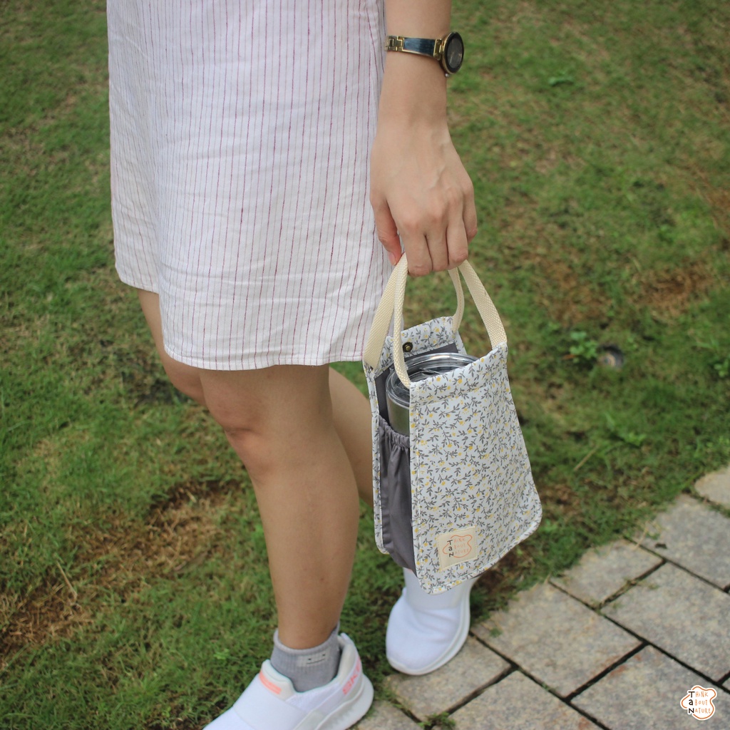 Túi vải đựng bình nước họa tiết hoa nhí xám Tancupholder