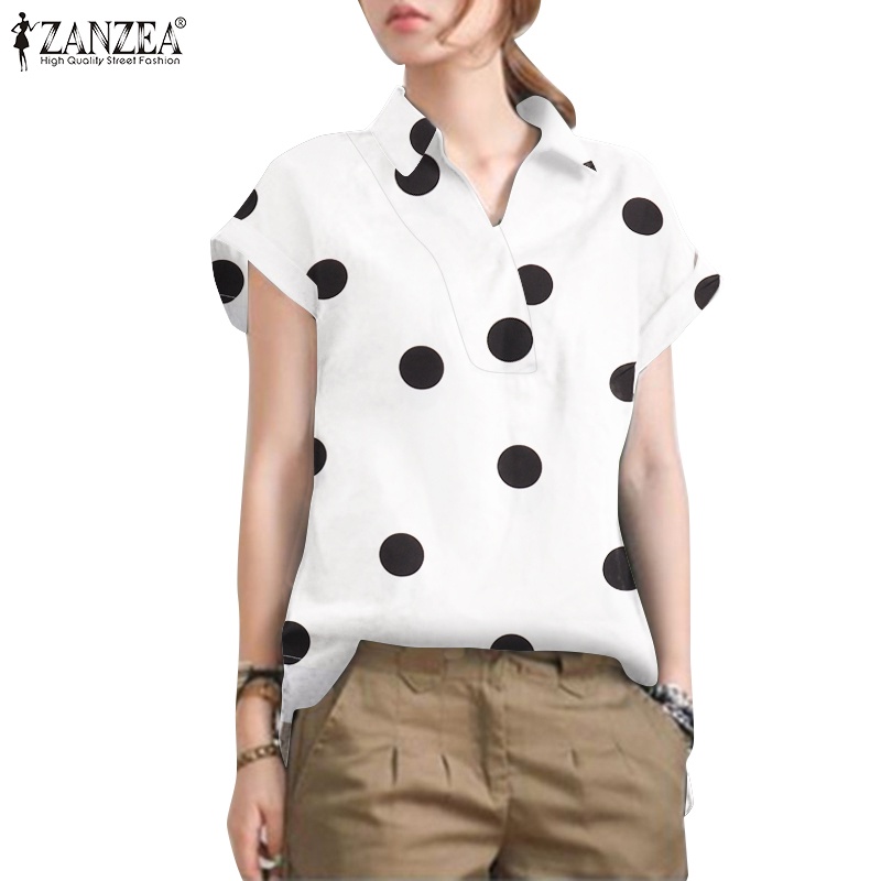 Áo sơ mi ZANZEA tay ngắn cổ bẻ họa tiết chấm bi phong cách Vintage dành cho nữ
