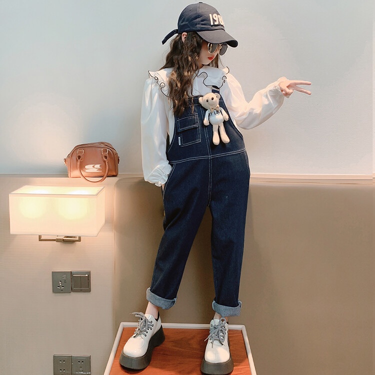 Bộ Áo Sơ Mi Phối Quần Yếm Denim Dễ Thương Thời Trang Xuân Thu Cho Bé Gái 5-6 Tuổi 7-8 Tuổi 9-10 Tuổi 11-12 Tuổi 13