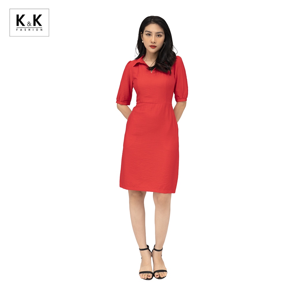 Đầm Sơ Mi Tay Lỡ Dáng Chữ A K&K Fashion KK104-34 Màu Đỏ Chất Liệu Vải Đũi