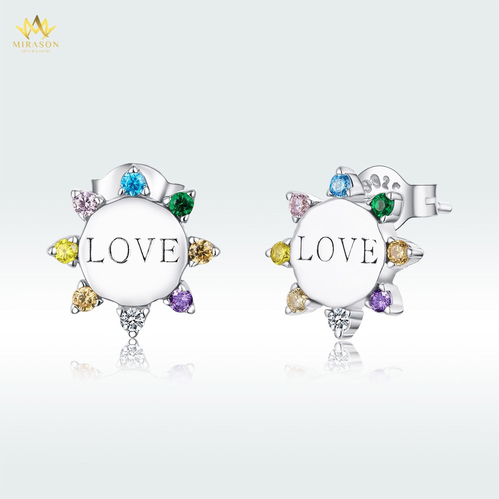 Khuyên Tai Bạc Nữ MIRASON Bông Hoa LOVE Đính Đá Sắc Màu MBT175