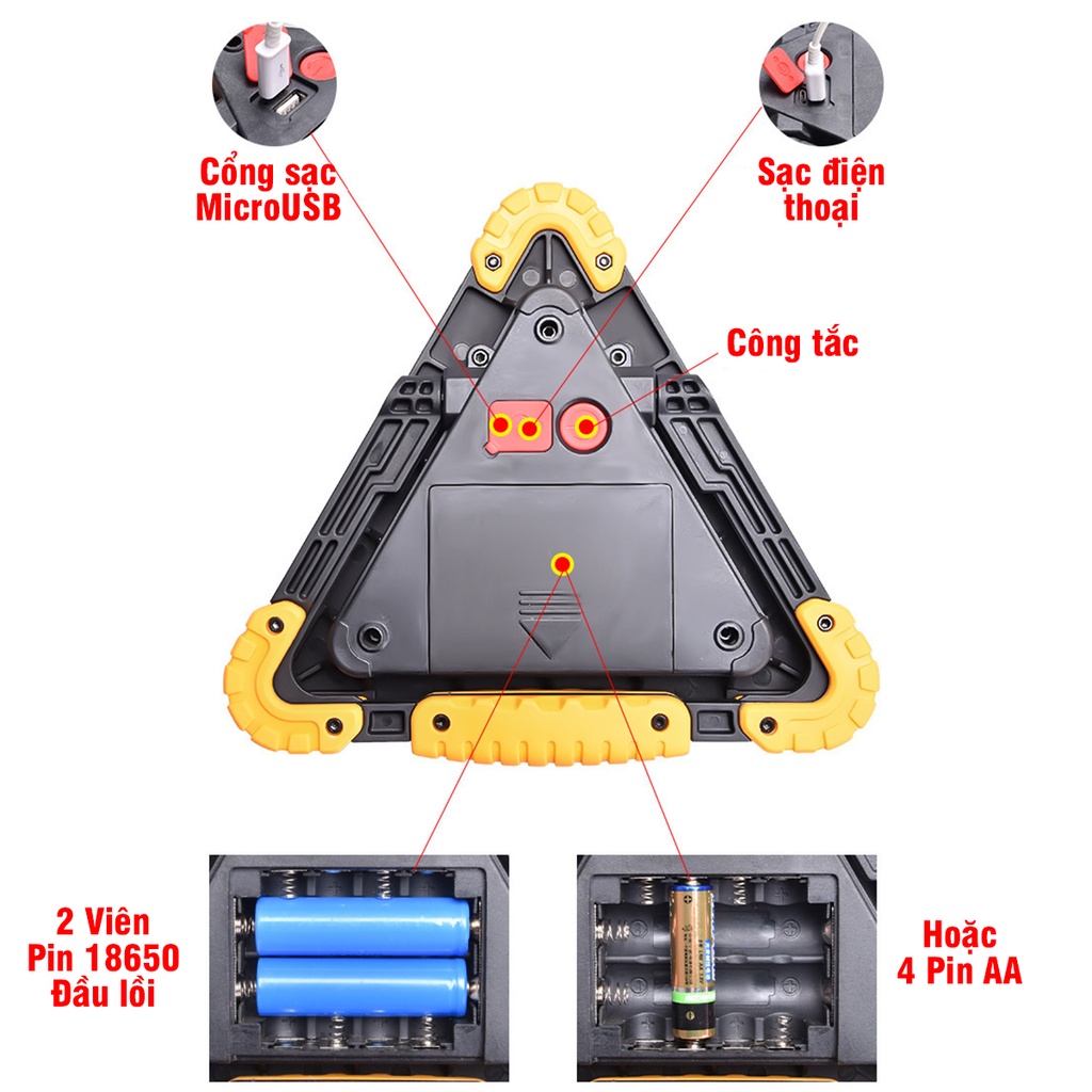 Đèn LED COB, Sạc 2 Chiều, Đèn Công Trình , 3xAA/2x18650 Có 36 Đèn Cảnh Báo Tam Giác