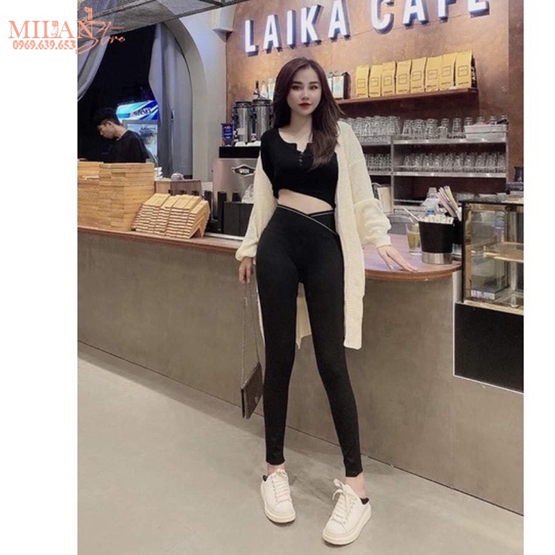 Quần legging cạp chéo siêu cao nữ viền kẻ trắng gen bụng nâng mông ôm bó sát màu đen vải Umi dày co giãn tập yoga gym