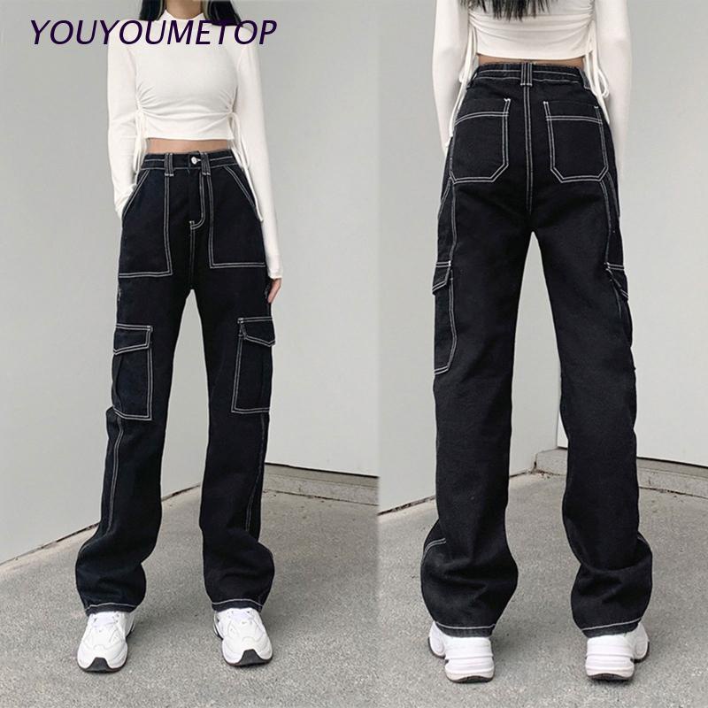 Youyo Quần Jeans Ống Rộng Lưng Cao Có Túi Bên Hông Phong Cách Harajuku Punk Thời Trang Cho Nữ