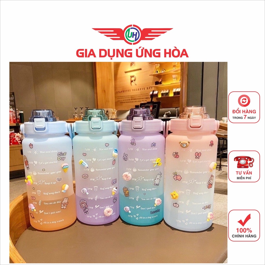 Bình nước 2 lít giữ nhiệt cute bình đựng nước 2 lít có vòi tập thể thao và chia vạch nhắc uống nước