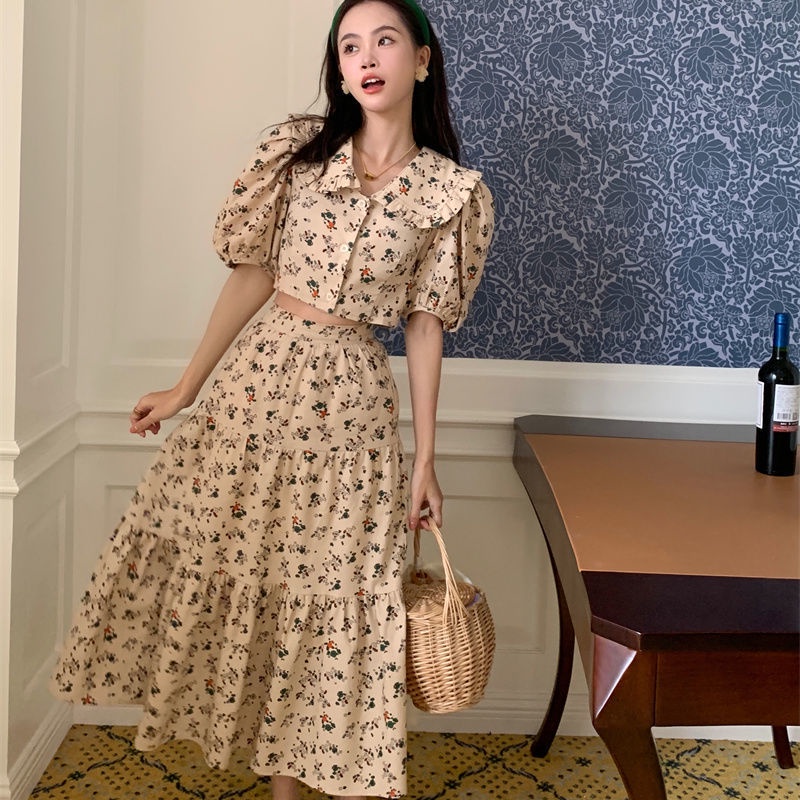 Set áo tay bong bóng kèm chân váy dáng chữ A thời trang phong cách Hàn Quốc xinh xắn