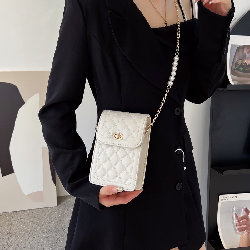 Túi Đeo JASMIN NOIR Chéo Đựng Điện Thoại Họa Tiết Kẻ Sọc Đính Ngọc Trai Dành Cho Nữ
