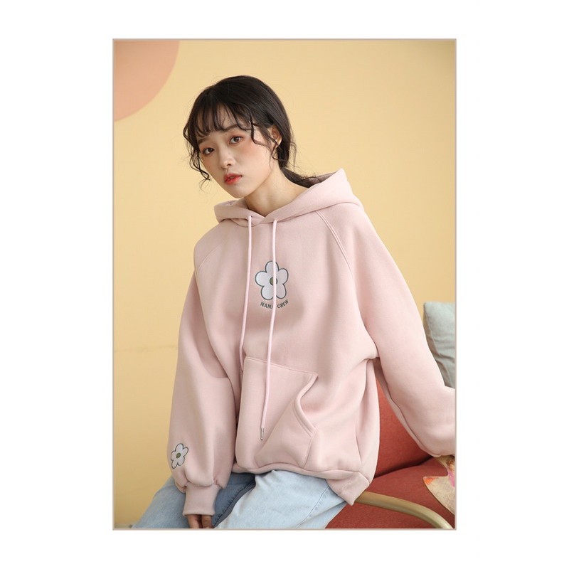 Áo nỉ Hoodie thêu hoa màu hồng nhạt nỉ bông mềm mịn không xù lông