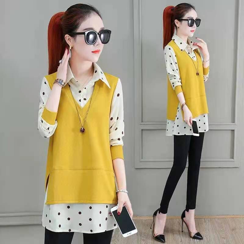 Áo Kiểu Giả Hai Lớp Tay Dài Dáng Rộng Cổ Bẻ Hoạ Tiết Chấm Bi Dành Cho Nữ