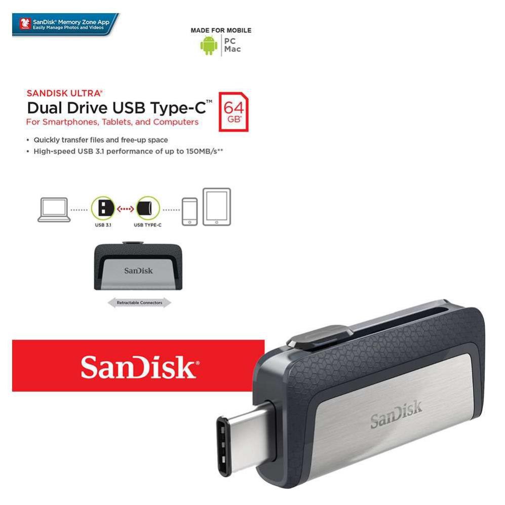 Xả Kho giá sốc USB OTG Sandisk Ultra Dual Type C 3.1 32GB 64GB tốc độ cao 150MB chính hãng