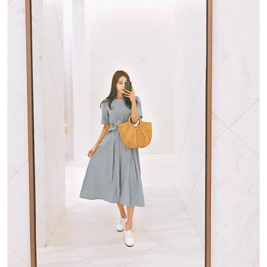 33555   Simple solid round neck short sleeves midi dress