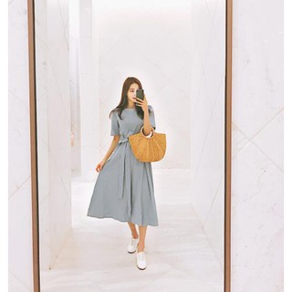 33555   Simple solid round neck short sleeves midi dress
