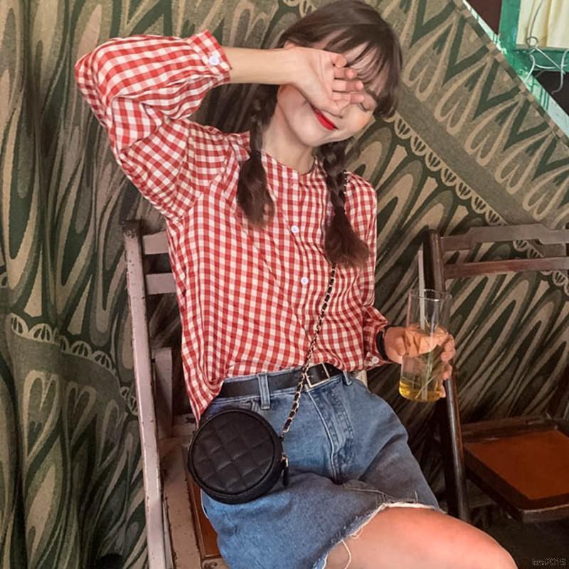 Áo Sơ Mi Nữ Dài Tay Cổ Tròn Ca Rô Thời Trang Hàn