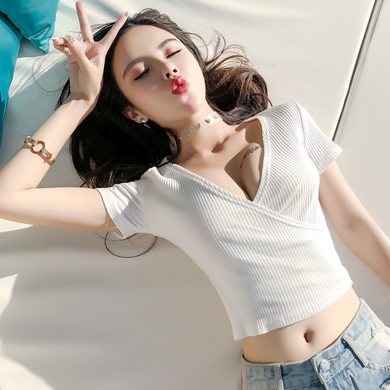 Áo Croptop tay ngắn thiết kế cổ chữ V quyến rũ cho nữ
