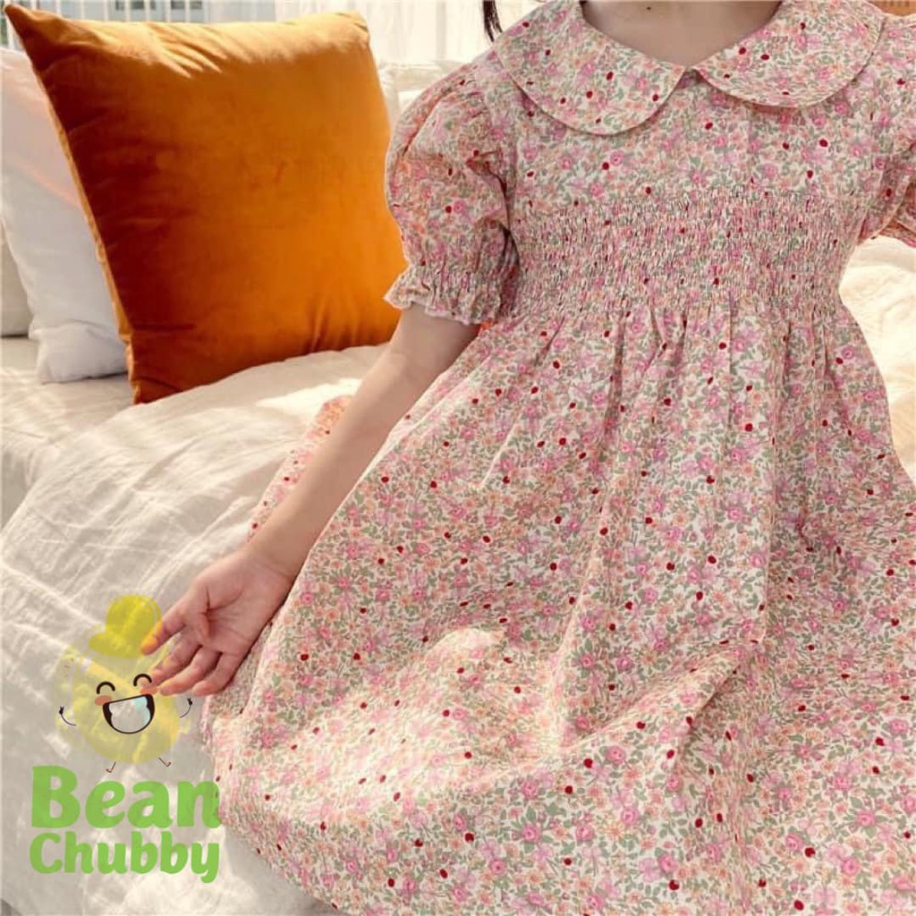 Đầm smock ngực hoa nhí cổ sen bé gái