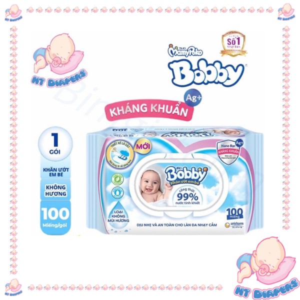 Khăn ướt Bobby không mùi 100 tờ (màu xanh)