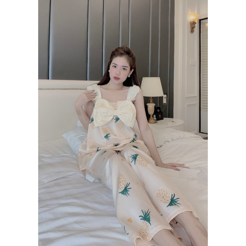 Pijama cổ yếm lụa latin quần dài - Đồ ngủ nữ lụa latin loại 1 cao cấp không nhăn (ẢNH THẬT CỦA SHOP)