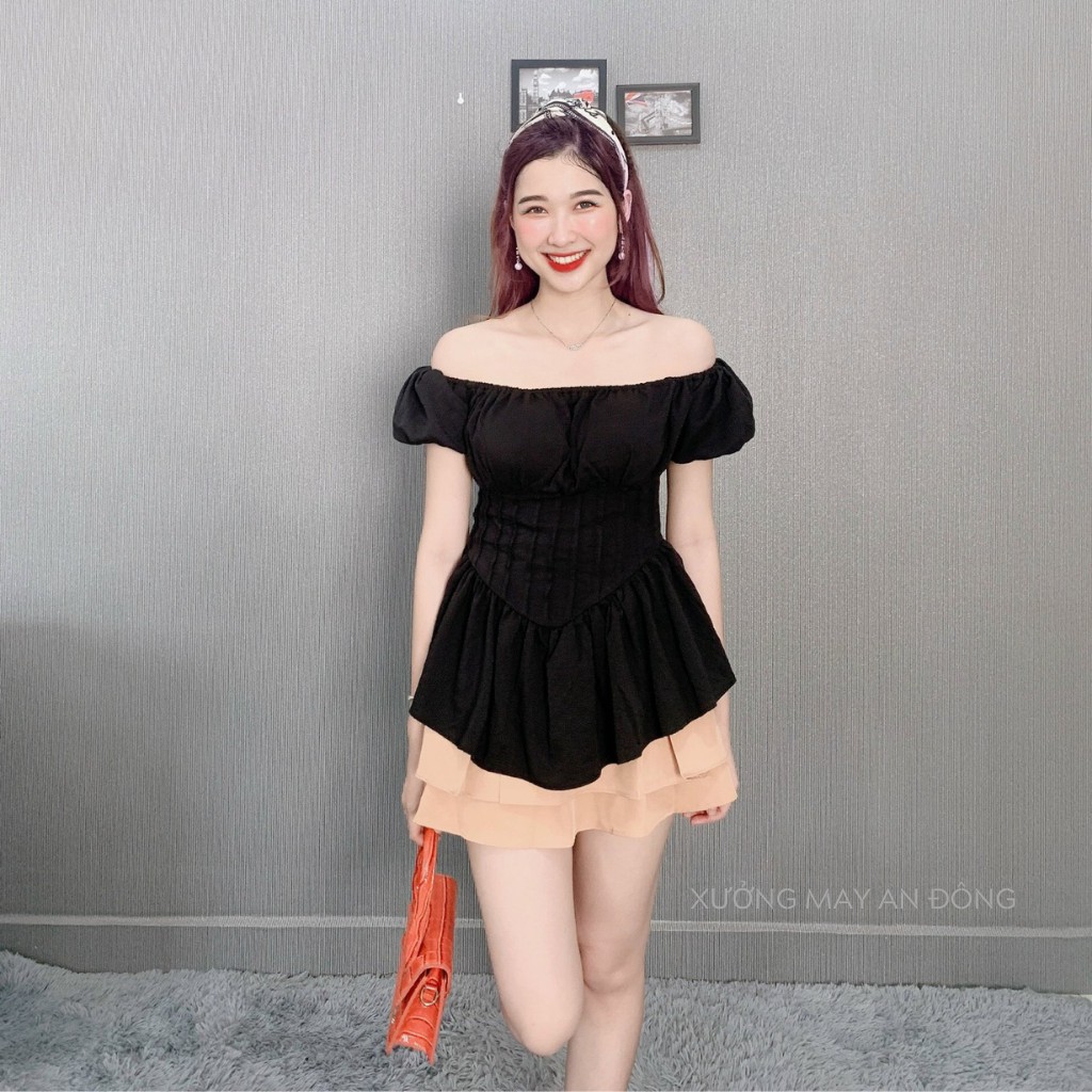 Set Áo Trễ Vai Tay Bồng Cúp Ngực Phối Chân Váy Xòe Xếp Ly 3 Tầng