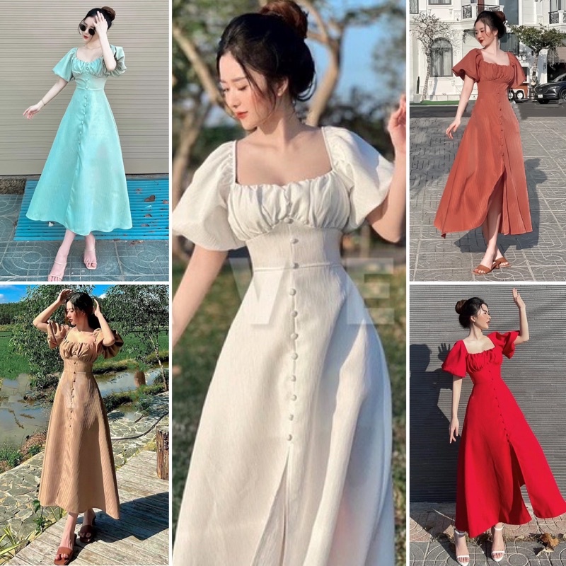 Đầm midi trắng cổ vuông nhún ngực nút bọc tay phồng (về thêm xanh, đỏ, nude, cam) | BigBuy360 - bigbuy360.vn