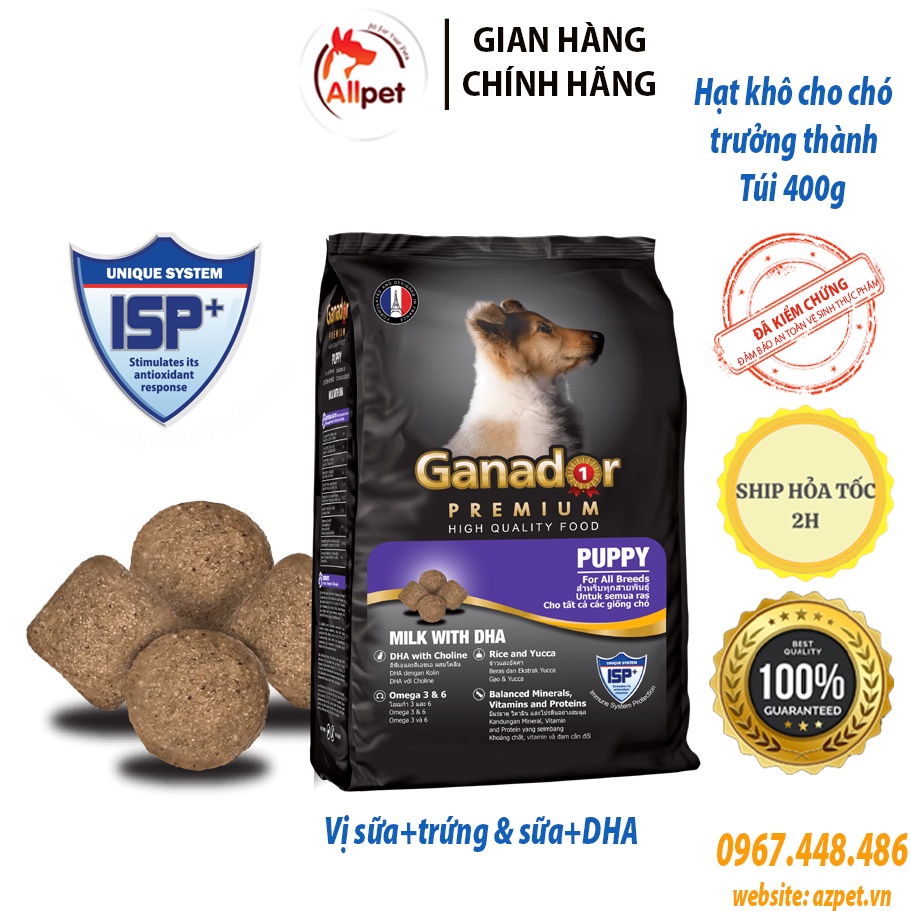 Thức ăn cho chó Ganador Puppy Vị Trứng sữa & DHA 400g. Hạt cho chó con Ganador , đồ ăn cho chó dinh dưỡng.