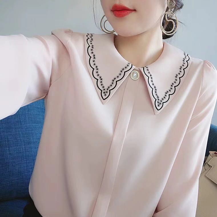 Áo sơ mi voan tay dài thêu họa tiết thời trang dành cho nữ