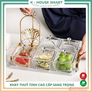Khay đựng bánh kẹo Tết thuỷ tinh cao cấp kèm nắp thuỷ tinh pha lê đựng hoa quả kèm nĩa, hạt dưa K House Smart