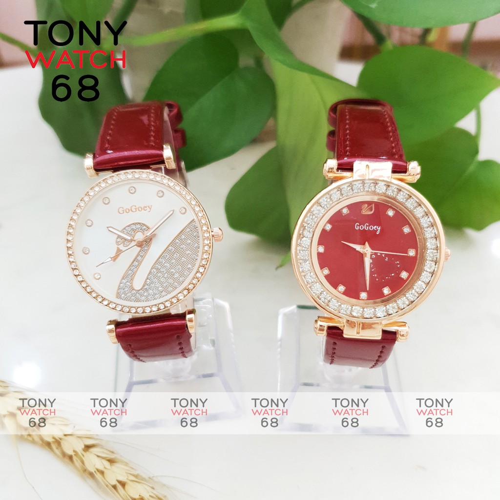 Đồng hồ nữ Gogoey đẹp dây da đỏ mặt ngọc thiên nga chống nước chính hãng Tony Watch 68