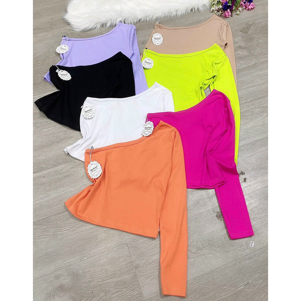 Áo croptop lệch 1 bên vai xinh tay dài hot, tôn dáng đủ màu hình thật