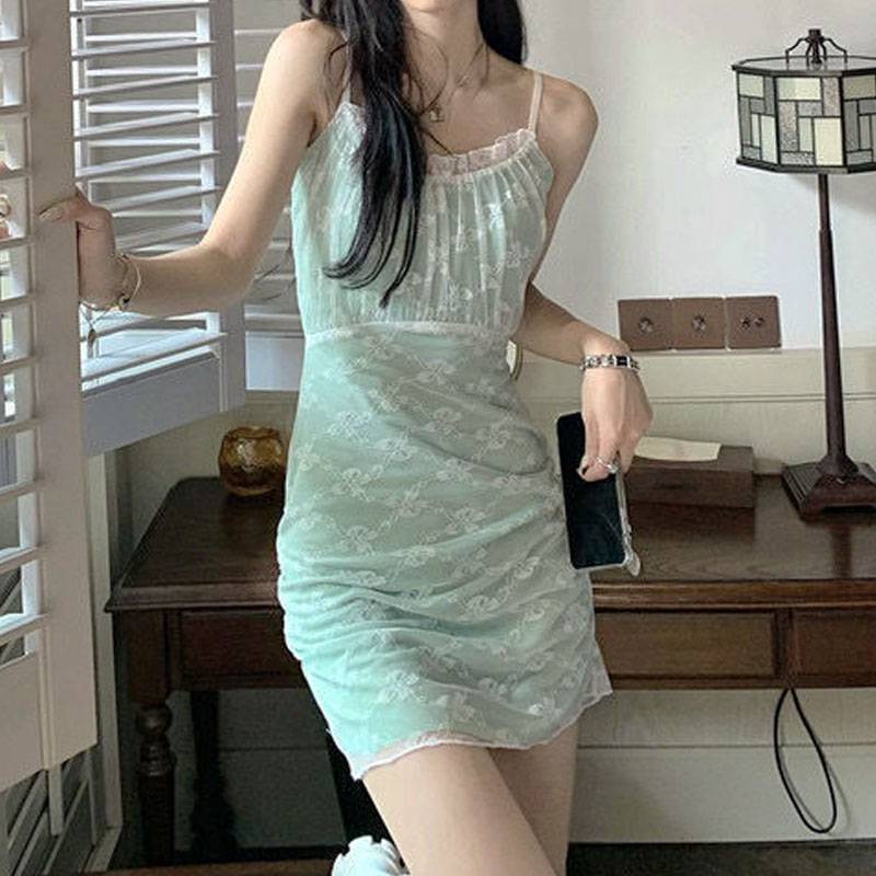 Đầm Mini Hai Dây Một Mảnh Phối Ren Phong Cách Hàn Quốc Cổ Điển Gợi Cảm Cho Nữ 2021