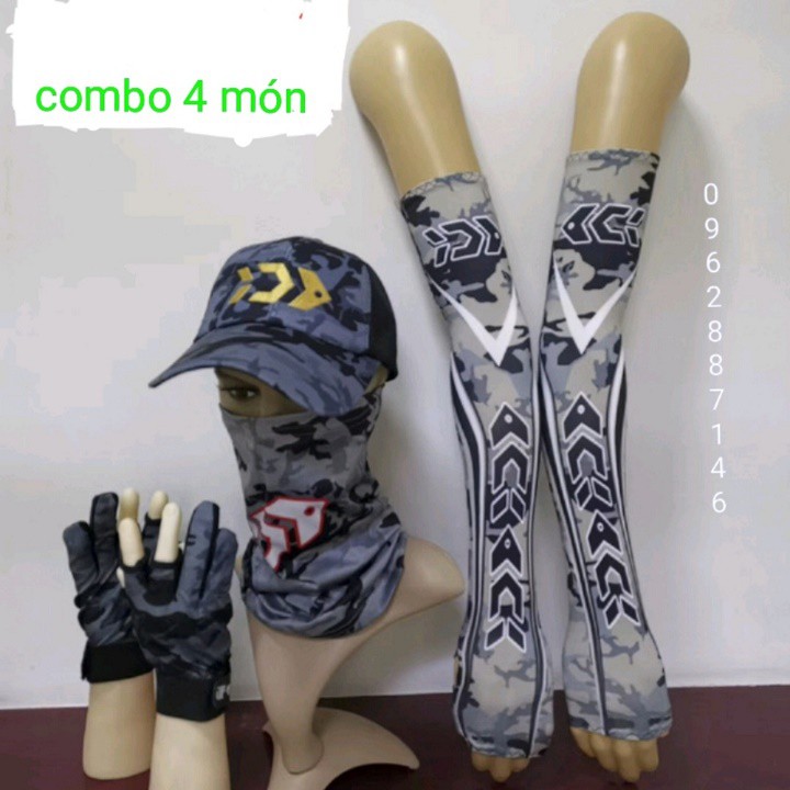 combo mũ câu cá +găng tay+quấn cổ+ống tay lure daiwa