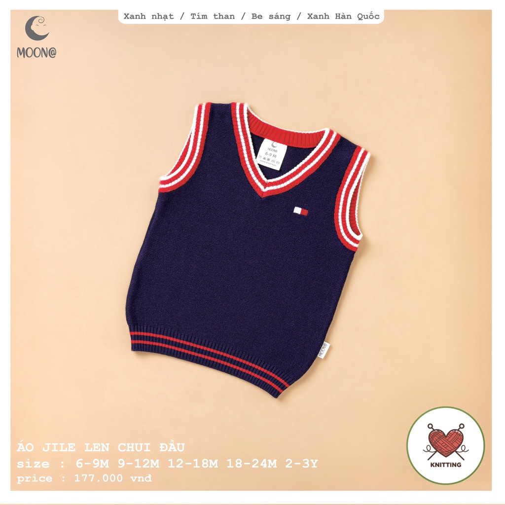 Áo gile len lông cừu cổ tim dày Moon cho bé trai (9-36M)