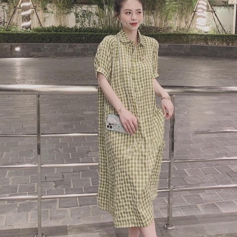 Váy sơ mi nữ LOZADO đầm suông nữ form rộng họa tiết kẻ caro hồng bánh bèo nữ tính hottrend - V151