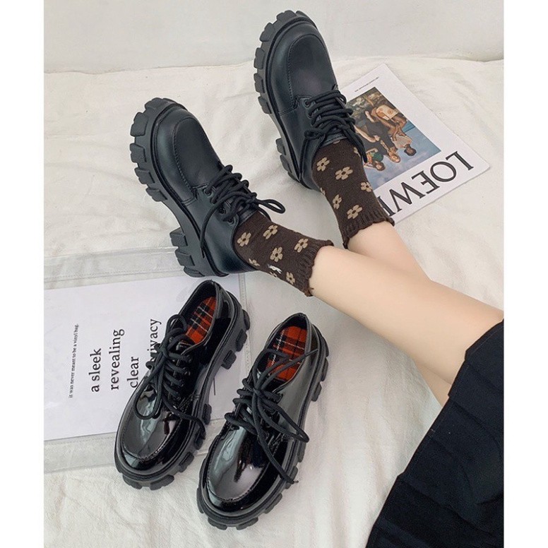 Giày Boots Ulzzang SNU01 gót vuông đế bự to dày mũi vuông phong cách Nhật Bản bóng/trơn màu đen tăng chiều cao mới hot