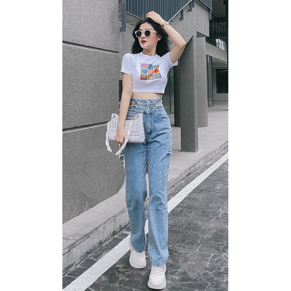 [ FREESHIP ] QUẦN JEAN ỐNG RỘNG NỮ 2 NÚT XẺ LƯNG MỔ RÁCH BE FORM DÀI RỘNG LAI CUỐN MÀU XANH NHẠT CAO CẤP BABO CỰC HOT