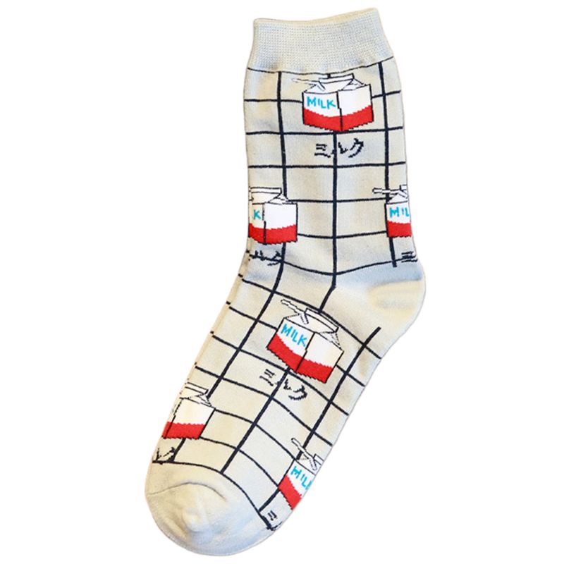 Xiangbao Vớ Cotton Dài In Họa Tiết Hộp Sữa Hoạt Hình Kẻ Sọc Caro Cho Nữ